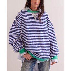 Free People Classic Striped Oversized Crewneck Blue And Green Combo Size Xs New